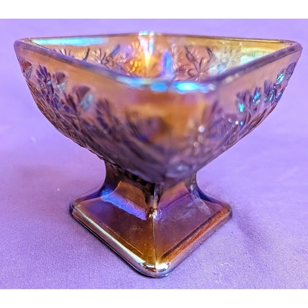 Indiana Carnival Glass Diamond Shaped Pedestal Dish Amber Iridescent Vintage